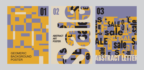 Modern set of three posters with letters for sale. Geometric poster, seamless pattern of letters inscribed in the poster - fully editable ready-made background in contrasting colors. Digital illustrat