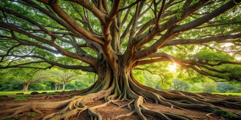 Ancient tree with sprawling root system, organic, foliage,  organic, foliage, gnarled trunk