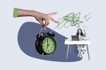 Trendy poster art collage of minded businesswoman businessman stand workplace hand hold alarm clock deadline tension limit