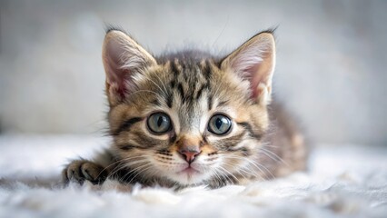 Small kitten lies on its side, looking directly at the camera with wide eyes and a tiny nose, as if studying its surroundings with curiosity and caution , furry, cute animal