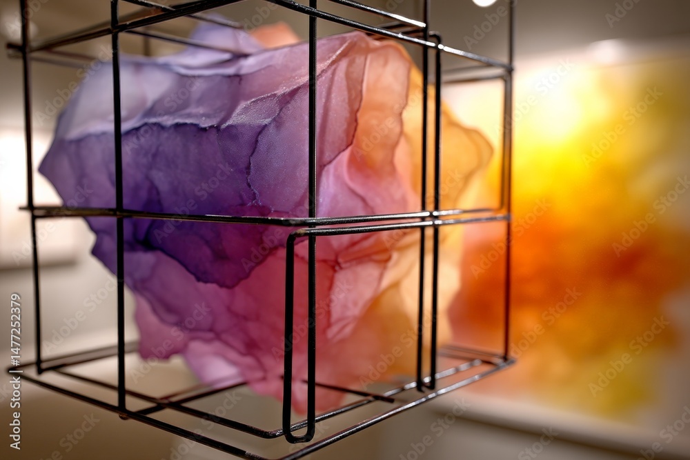Poster colorful abstract art piece suspended in a minimalist gallery with a soft background illumination