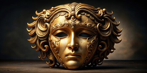 A beautiful, ornate gold mask from ancient Greece or Rome with delicate designs and a subtle expression of sorrow, symbolizing drama and melancholy on stage, sorrow, greek