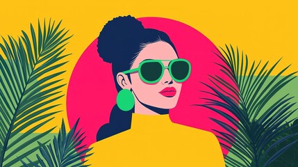 Vibrant digital illustration of a trendy woman in sunglasses tropical setting graphic art bold colors artistic viewpoint