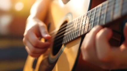 Fototapeta premium Close-up of fingers playing acoustic guitar strings. Perfect for music content, tutorials, album covers, or artistic concepts involving musicianship and sound