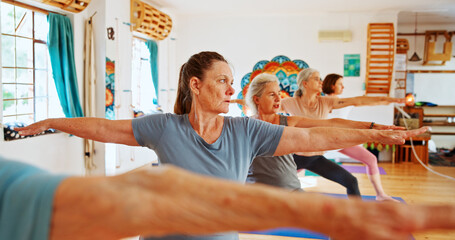 Elderly people, stretching and group for yoga with zen, fitness exercise and spiritual wellness. Senior women, warrior pose and community pilates, holistic practice and body balance at health club