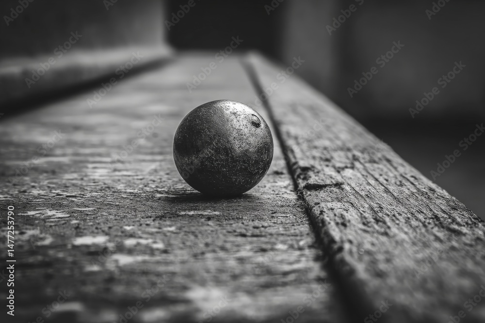Poster rusty metal ball rolls on a weathered wooden surface in black and white setting showcasing time's pa