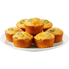 Fototapeta premium Freshly baked jalapeño cornbread muffins arranged on a white plate, ideal for gatherings