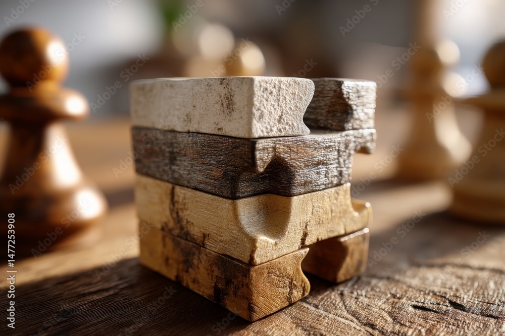 Poster Wooden puzzle pieces stacked on a rustic table with chess pieces in the background during daylight hours