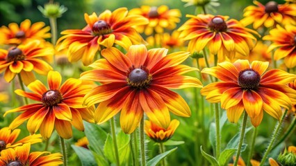 A cluster of bright yellow and orange Rudbeckia flowers swaying gently in a light breeze amidst lush green foliage in a serene garden setting , foliage, rudbeckia