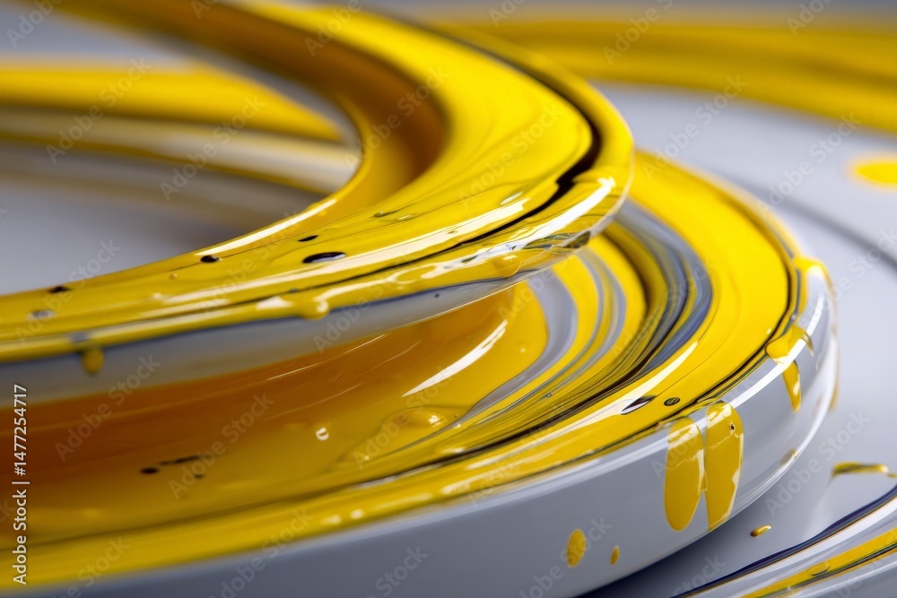 Poster Bright yellow paint swirls creating an abstract pattern on a smooth surface in artistic studio environment