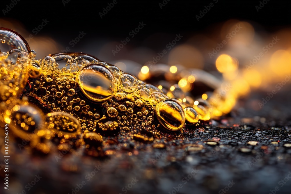 Aufkleber bubbles and golden liquid flow on dark surface, showcasing a captivating natural phenomenon in close