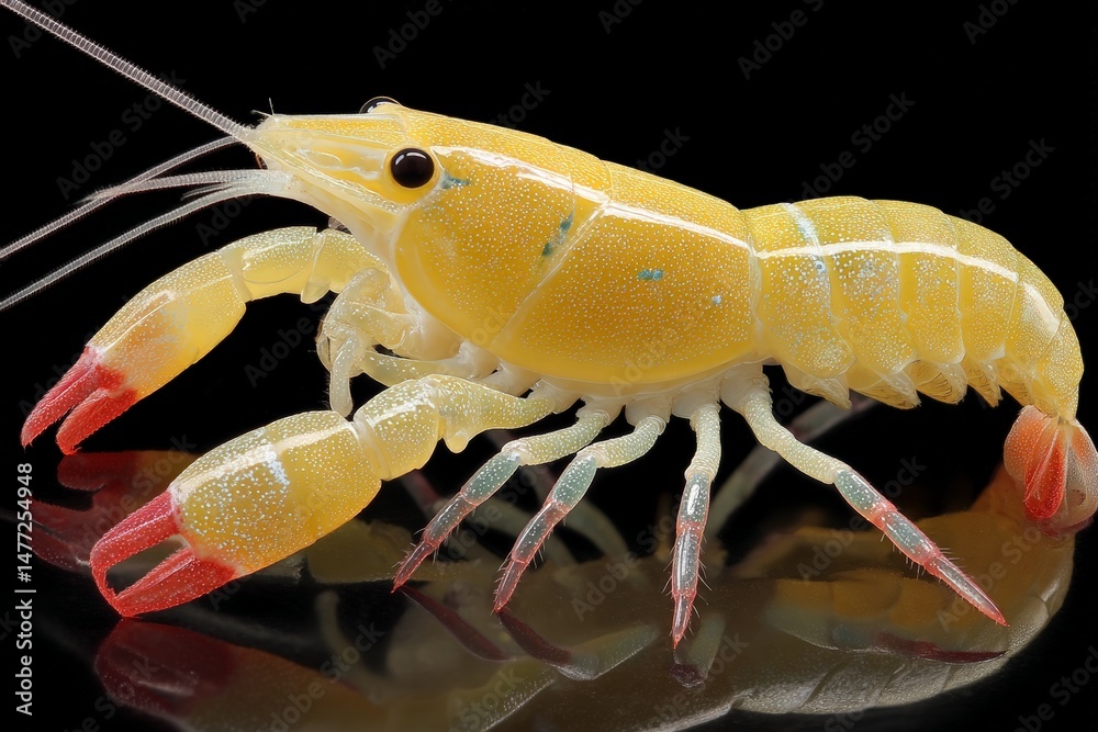 Poster bright yellow shrimp with vibrant red claws displayed against a dark background under studio lightin