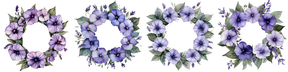 Delicate floral wreaths featuring soft purple pansies and lush green leaves, ideal for invitations, decor, or artistic designs with a natural, elegant touch