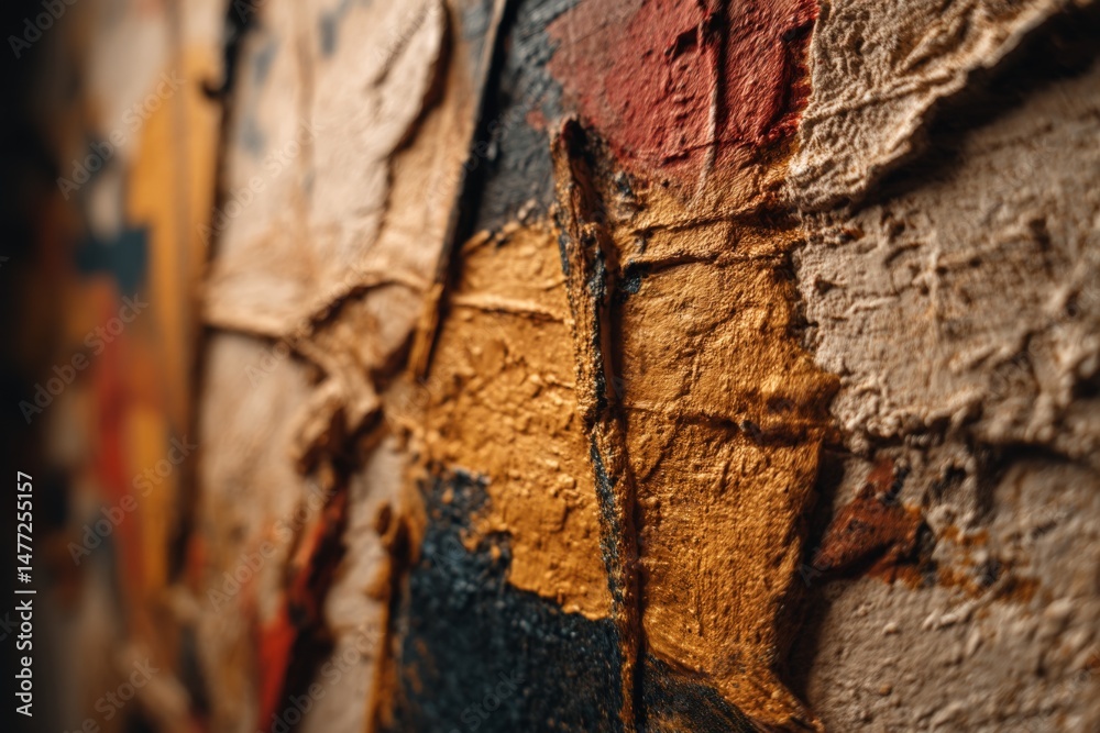 Poster textured abstract artwork showcasing vibrant colors in a close-up view in a contemporary art studio