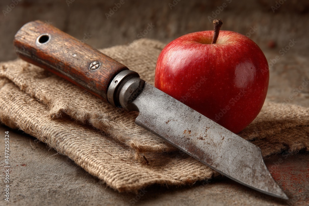 Poster rustic kitchen setting featuring a vintage knife and a fresh red apple on burlap fabric