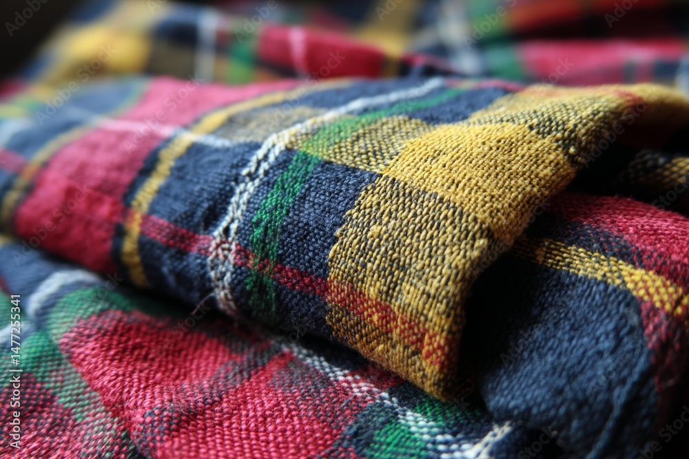 Poster colorful plaid fabric close-up showcasing texture and pattern in natural light for textile enthusias