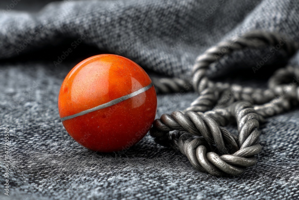 Poster red marble ball resting on a gray fabric with a twisted metal chain nearby creating an intriguing co
