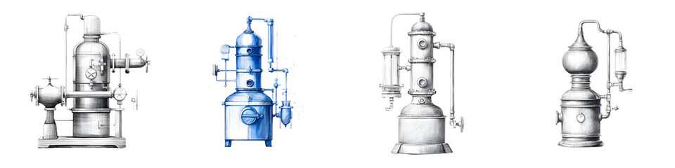 Vintage industrial distillation apparatus showcasing intricate designs and contrasting colors, suitable for historical references, educational purposes, or artistic inspiration.