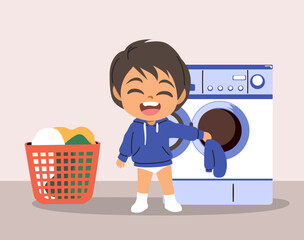 Vector cartoon illustration of child putting his dirty laundry in the Washing Machine. Happy little baby boy doing household chores by himself on his daily routine life