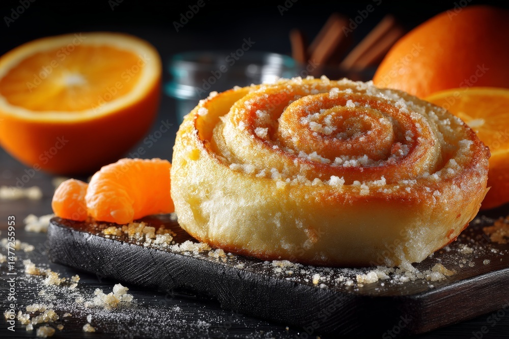 Poster warm orange cinnamon roll with citrus slices displayed on a dark surface during morning breakfast pr