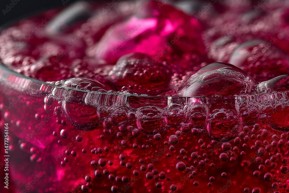 Poster Bubbles rise in a refreshing red beverage filled with ice cubes in a close-up setting