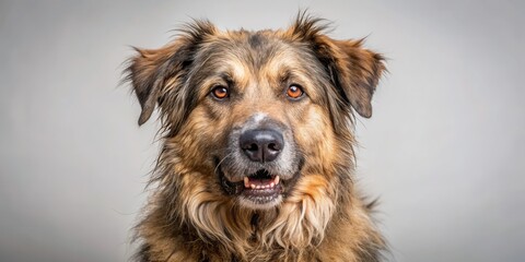 Mud-caked mixed breed shepherd dog with matted fur and slobbery mouth, messy mix, dirty fur,  messy mix