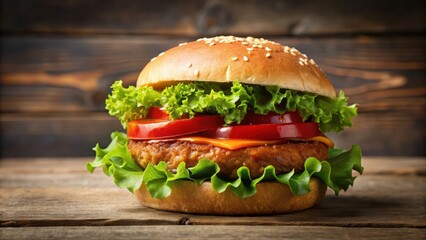 A juicy veggie burger patty topped with fresh lettuce leaves and a dollop of ketchup on a toasted bun, lettuce, ketchup