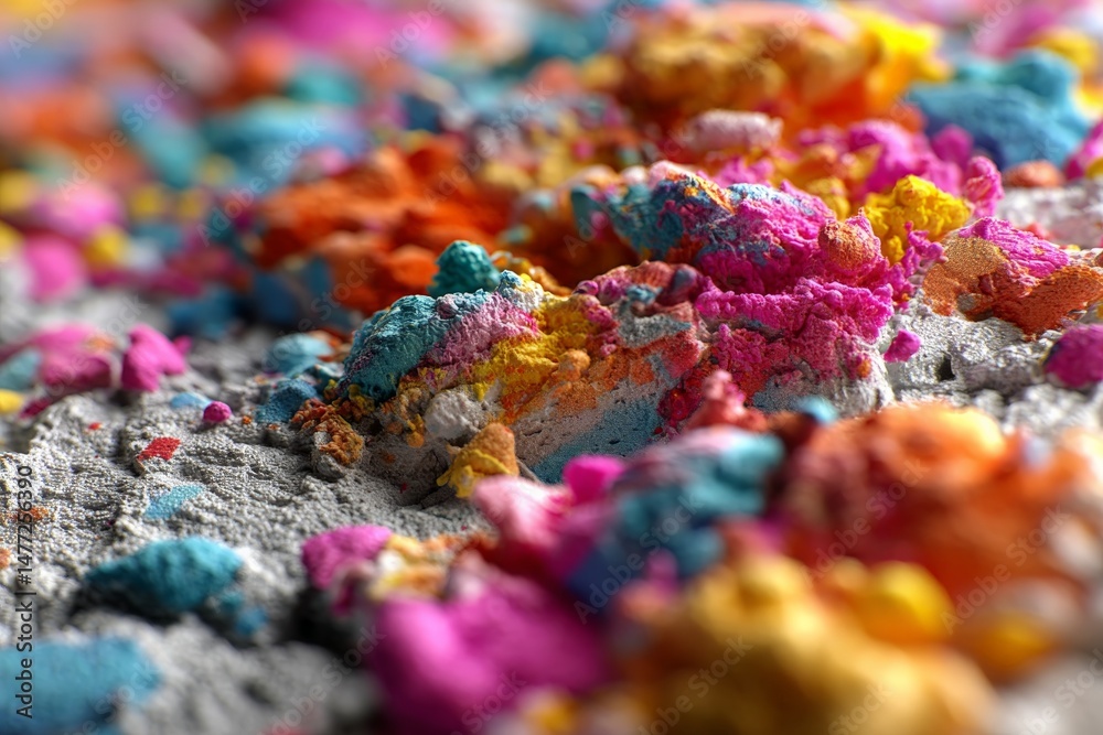 Poster brightly colored powdered pigments scattered on a textured surface in an artistic arrangement during