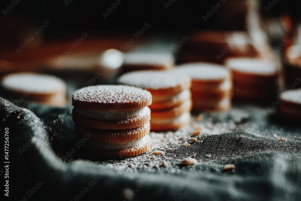 Poster Delicious stacked cookies on a rustic table garnished with powdered sugar during afternoon baking session