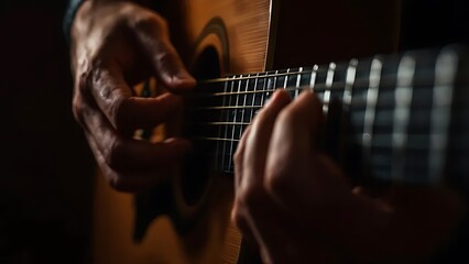 Fototapeta premium Close-up of fingers playing acoustic guitar strings. Perfect for music content, tutorials, album covers, or artistic concepts involving musicianship and sound