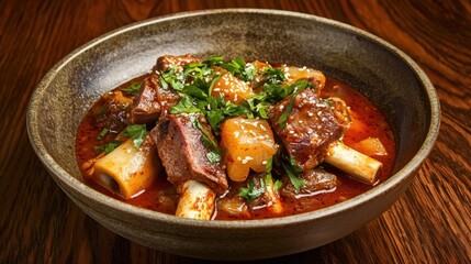 Close-up of gamjatang with spicy broth and tender pork bones in rustic bowl