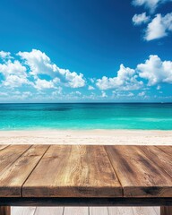 Fototapeta premium Wooden table overlooking tropical beach with turquoise water and blue sky idyllic summer vacation destination