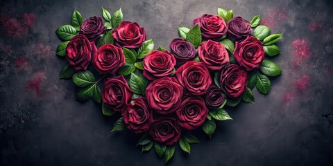 Dark red roses in a heart shape on a dark background, surrounded by subtle hints of purple and green foliage , love, Valentine's Day