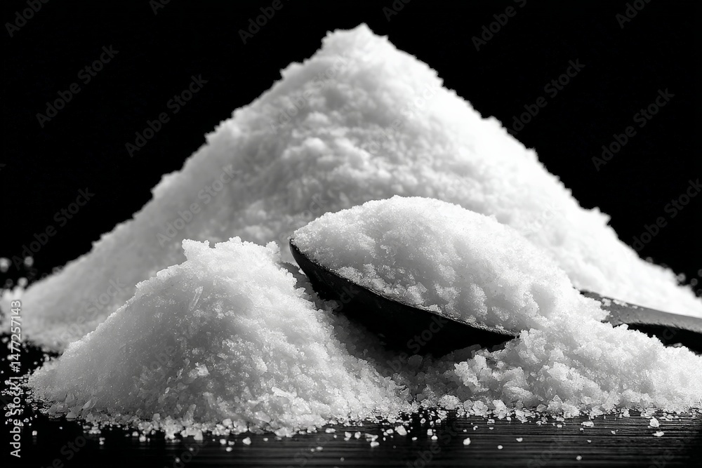 Poster salt piled on a black surface with a wooden spoon resting beside it showcases the fine texture and g