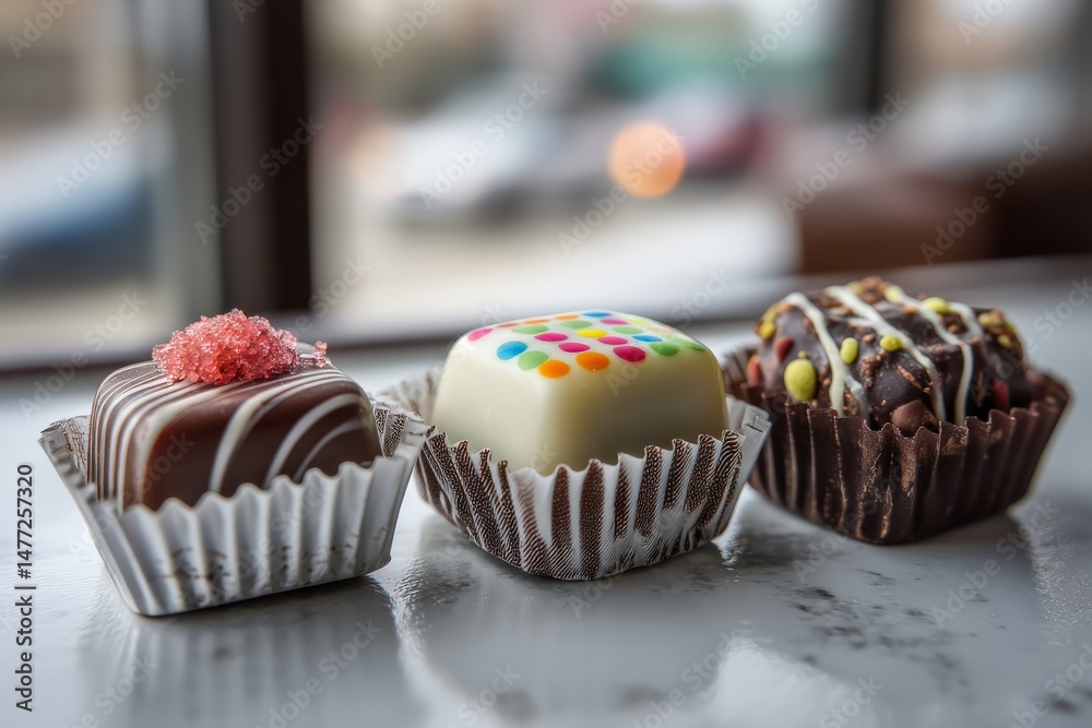 Poster tempting handmade chocolates arranged on a table with a blurred background of a cozy confectionery s