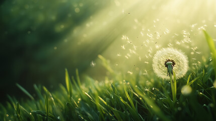 Macro shot of dandelion seeds blowing in the wind, soft green meadow background, dreamy nature scene, shallow depth of field, ai generated