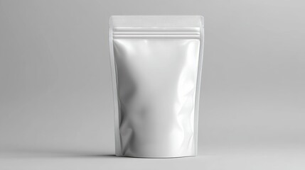 White stand-up pouch with zipper closure on a neutral background.