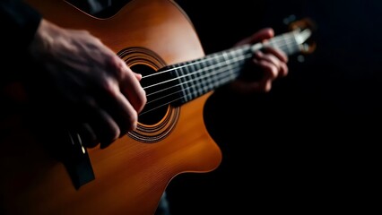 Obraz premium Close-up of fingers playing acoustic guitar strings. Perfect for music content, tutorials, album covers, or artistic concepts involving musicianship and sound