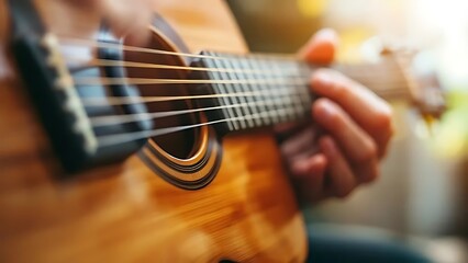 Fototapeta premium Close-up of fingers playing acoustic guitar strings. Perfect for music content, tutorials, album covers, or artistic concepts involving musicianship and sound