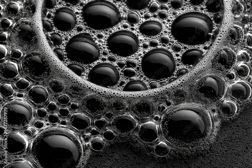 Aufkleber Black and white macro shot of dense soap bubbles forming intricate patterns on a surface