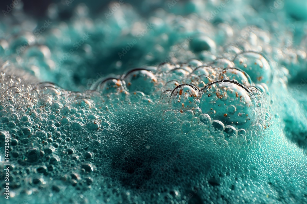Poster Colorful bubbles create a mesmerizing pattern in teal foam during a relaxing bath experience at home