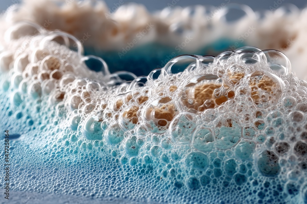 Poster Bubbles create a colorful foam texture on a blue surface during a calm summer day by the beach