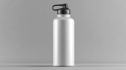 Silver water bottle with black lid on gray background.