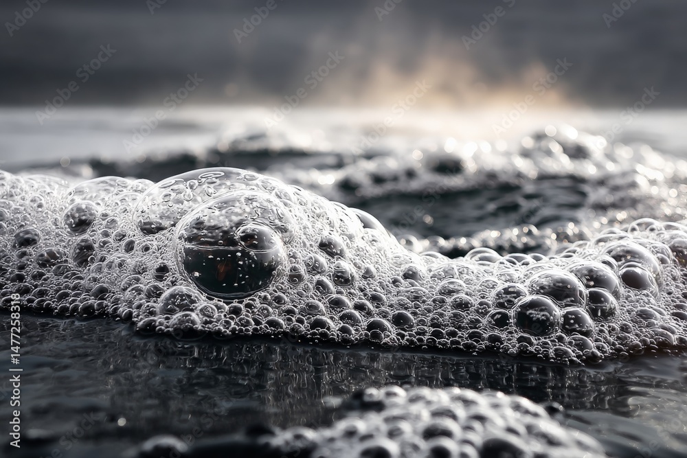 Poster close-up of bubbles forming on the surface of water during a calm morning at a lakeside
