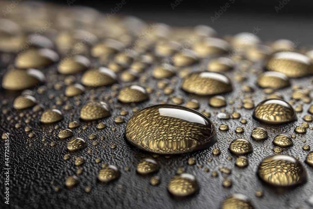 Poster Close-up of golden droplets resting on a textured black surface, highlighting intricate patterns and reflections from soft light