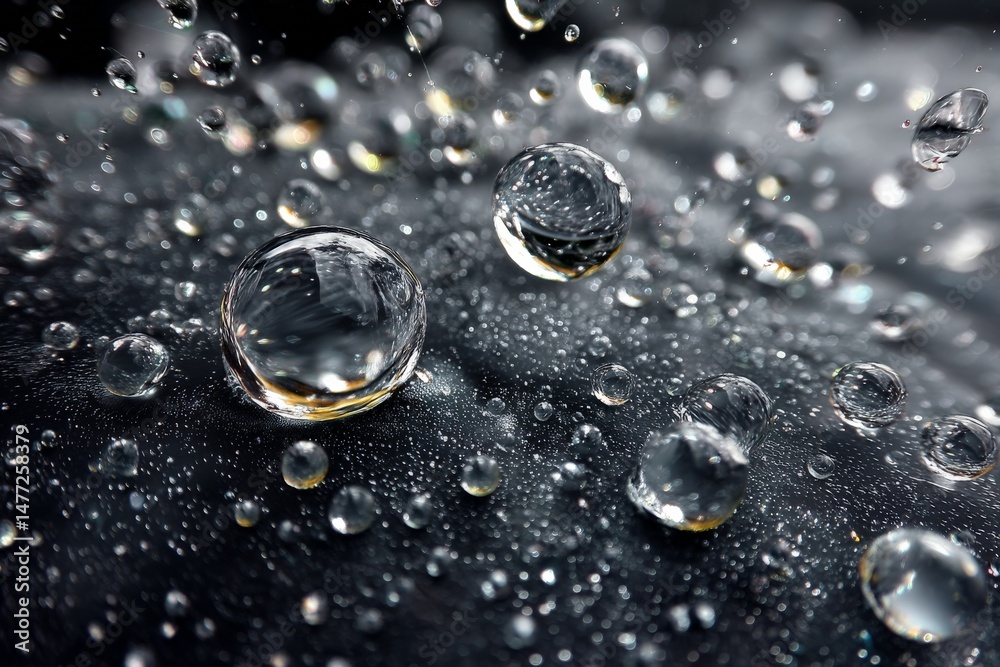 Poster Close-up view of water droplets on a dark surface in a macro photography setting