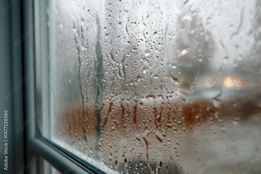Poster Raindrops create a blurry view through a foggy window during a rainy day in a cozy indoor setting
