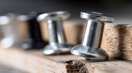 Close-up of metal push pins on wood