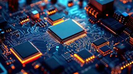 Obraz premium Close-up view of a glowing microchip on a circuit board. showcasing intricate electronic components and vibrant red lights. symbolizing advanced technology and innovation