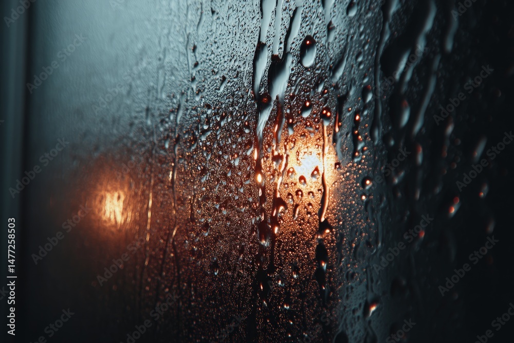 Aufkleber Rain falls softly against a window with warm light shining through droplets creating a soothing atmosphere